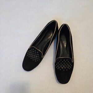 Crystal-embellished, velveteen flats with gold trim